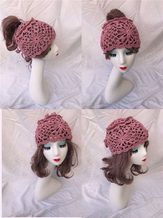 Accessories - Handmade Crochet Ponytail Beanie in Dusty Rose